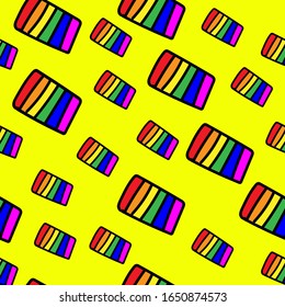 Seamless pattern in bright yellow color with the image of a large number of LGBT flags of different sizes. Vector graphics.