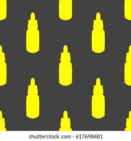 Seamless pattern with bright yellow e-juice liquid bottles for electronic cigarettes on dark gray background. Vector illustration.