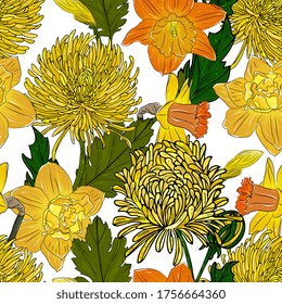 seamless pattern with with bright yellow flowers . Floral background with daffodils and chrysanthemums. Hand drawing. Design for packaging, fabric, wrappers.