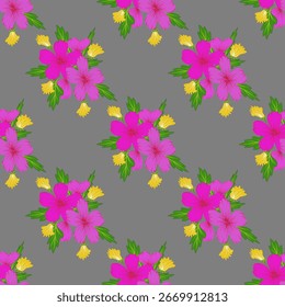 ​Um padrão sem costura de flores amarelas brilhantes com caules e folhas verdes, projetado em um fundo cinza claro.