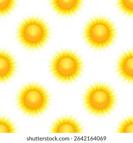Seamless pattern. Bright yellow golden sun on white background. Repeating vector illustration for wallpaper, fabric, packaging, etc.