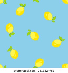 Seamless pattern with bright yellow lemons and green leaves on blue background, flat cartoon style vector illustration. Perfect for summer-themed designs.