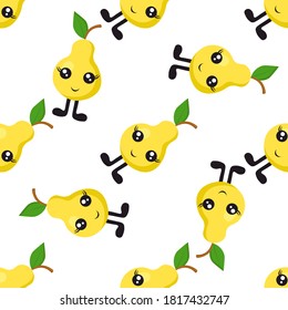 Seamless pattern with bright yellow pears with eyes and legs on a white background. Print for bed linen and fabrics, wrapping paper and wallpaper.
