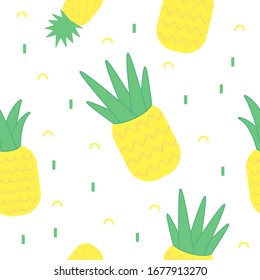 Seamless pattern of bright yellow pineapples on white background. Vector illustration in flat style.
