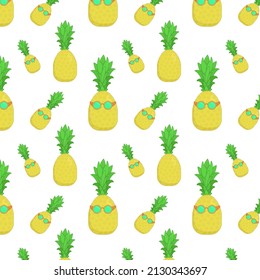 seamless pattern of bright, yellow pineapples with glasses on a dark background