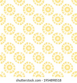 Seamless pattern with bright yellow suns on a white background. Vector. Use for fabric, baby clothes, wrapping paper, backdrops.