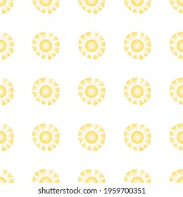 Seamless pattern with bright yellow suns on a white background. Vector. Use on fabric, wrapping paper, baby clothes, diapers, napkins.
