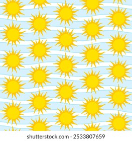 Seamless pattern with bright yellow suns in alternating rows. Simple cartoonish sun design. Spiky rays radiating outward. Light blue background with wavy blue stripes. Cheerful, sunny, and optimistic.