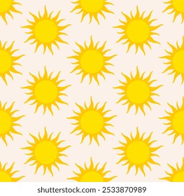 Seamless pattern of bright yellow suns on a light yellow background. Simple, cartoonish sun with sharp, spiky rays radiating outwards. Evenly spaced grid pattern. Cheerful, sunny, and optimistic.