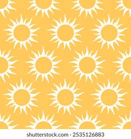 Seamless pattern with bright yellow suns. Simple cartoonish sun design. Orange and light yellow. Cheerful, sunny, and optimistic feel. For fabric textiles, wrapping paper, wallpaper. Bold and playful.