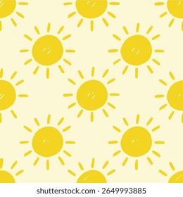 Seamless pattern with bright yellow suns. Simple cartoonish sun design. Orange and light yellow. Cheerful, sunny, and optimistic feel. For fabric textiles, wrapping paper, wallpaper. Bold and playful.