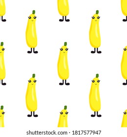 
Seamless pattern with bright yellow zucchini with eyes and legs on a white background. Print for bed linen and fabrics, wrapping paper and wallpaper.
