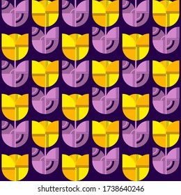 Seamless pattern. Bright yellow-purple flowers with decor. Abstraction, packaging, geometry.