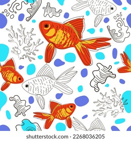 Patrón inmaculado de peces de color amarillo-rojo brillante, corales y olas en línea y estilo doodle. Patrón marino. Ilustración del vector
