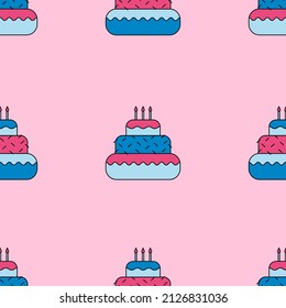 Seamless pattern with brightly colored cakes. Pink and blue cakes with candles on a pink background. Printable print on packaging, fabric, wallpaper, paper for birthday parties. Flat style.