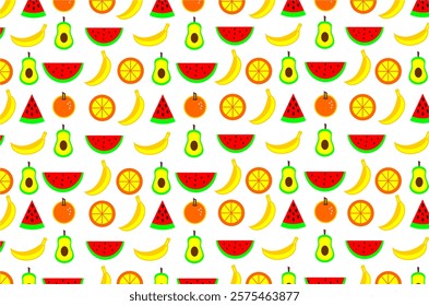 Seamless pattern with brightly colored fruit motifs. The image features various types of fruits such as watermelon, orange, banana and avocado. Perfect for designs, backgrounds, and product packaging.