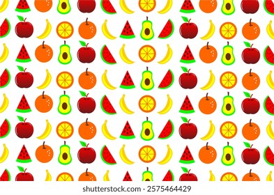 Seamless pattern with brightly colored fruit motifs. The image features various types of fruits such as watermelon, banana and avocado. Perfect for designs, backgrounds, and product packaging.