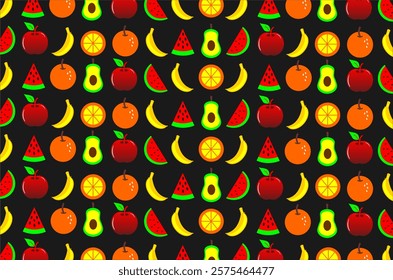 Seamless pattern with brightly colored fruit motifs. The image features various types of fruits such as watermelon, banana and avocado. Perfect for designs, backgrounds, and product packaging.