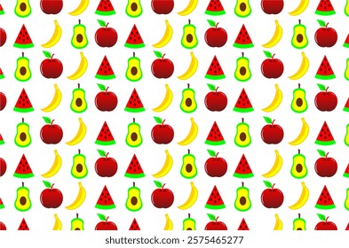 Seamless pattern with brightly colored fruit motifs. The image features various types of fruits such as watermelon, banana and avocado. Perfect for designs, backgrounds, and product packaging.