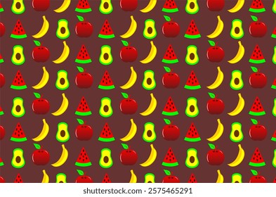 Seamless pattern with brightly colored fruit motifs. The image features various types of fruits such as watermelon, banana and avocado. Perfect for designs, backgrounds, and product packaging.