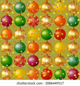 Seamless pattern with brightly colored multi-colored Christmas tree balls. New year balls. Happy new year background. Bright festive wrapping.Vector texture.
