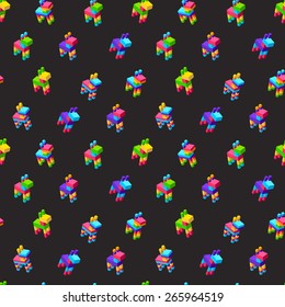 Seamless pattern of brightly colored stylized isometric pinatas on dark background.