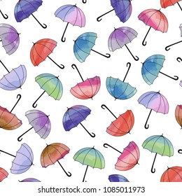 Seamless pattern of brightly colored umbrellas, vector illustration. Watercolor effect.