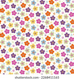 Seamless pattern of brightly coloured abstract retro style flowers on a cream background.
