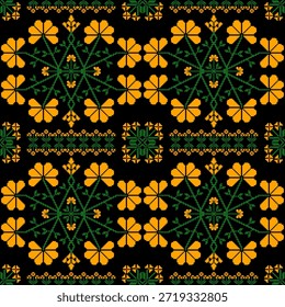 Um padrão sem emenda, repleto de energia intrincada. Motivos florais amarelos com ramos e folhas verde-escuros são dispostos simetricamente contra um fundo preto para maior impacto. Textura em pixels ou ponto de cruz. Uma verdadeira obra de arte, perfeita para moda e têxteis.
