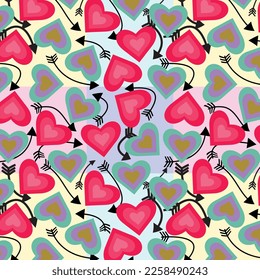 Seamless pattern of brink and parodies pink, red crayola, dark goldenrod, african violet, green sheen color heart with black color arrow arranged creatively on light periwinkle, mimi pink background.