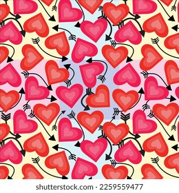 Seamless pattern of brink and parodies pink, red crayola, light coral, vermilion red cmyk  color heart with black color arrow arranged creatively on light periwinkle, mimi pink background. textile art