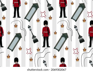Seamless pattern of British Royal Guardsman at Palace in London in a box. svg