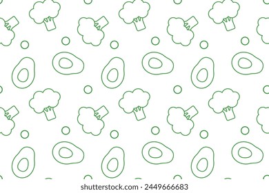 Seamless pattern with broccoli and avocado icons on white background. For cover design, wrapping paper, background. Proper Nutrition. Vector design 