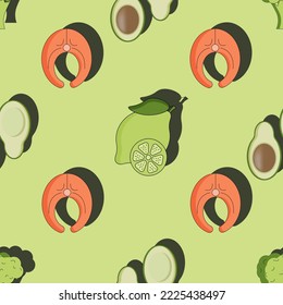 Seamless pattern with broccoli, avocado, lime and salmon on green background. Vector illustration in the style of flat with broccoli and slice of red fish. Print for kitchen wallpaper.