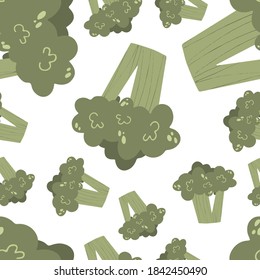 Seamless pattern with broccoli in cartoon style on white. Vegetable pattern. Vector. Wrapping paper, wallpaper. Organic food