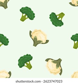 Seamless pattern with broccoli and cauliflower on light green background