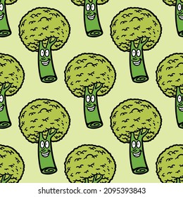 seamless pattern of broccoli character on greenlights background