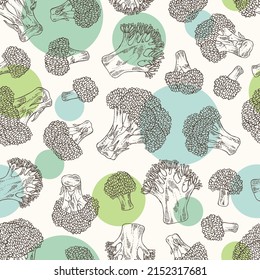 Seamless pattern with broccoli: full broccoli, piece and broccoli inflorescence. Vector hand drawn illustration. 