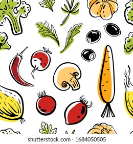 Seamless pattern with broccoli, garlic, onion, pepper, tomato, radish, herbs... Colorful sketch collection of vegetables and herbs isolated on white background. Doodle hand drawn vector illustration