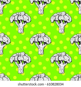 Seamless pattern with broccoli. Graphic design. Background with vegetables. Vector illustration.