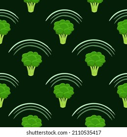 Seamless pattern with broccoli on a green background. Brush stroke elements, grunge texture. Vector illustration.