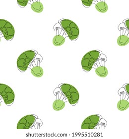 Seamless pattern with broccoli on white background. Continuous one line drawing broccoli. Black line art on white background with colorful spots. Vegan concept