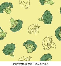 Seamless pattern with broccoli on a yellow background. Colorful vector illustrations. Hand-drawn.