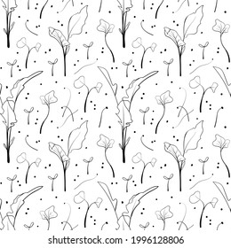 Seamless pattern with broccoli, and onion sprouts background. Sketch microgreen seeds vector illustration