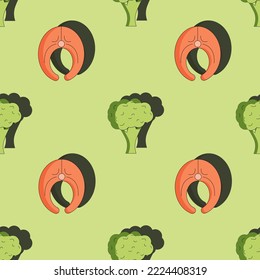 Seamless pattern with broccoli and salmon on green background. Vector illustration in the style of flat with broccoli and slice of red fish. Print for kitchen wallpaper.
