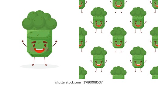 Seamless pattern broccoli shaped patch pocket. Character pocket broccoli. Cartoon style. Design element. 