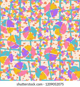 Seamless pattern. Broken circles and stars on the background of the curve of the lattice.