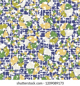 Seamless pattern. Broken circles and stars on the background of different rectangles.