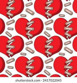 Seamless pattern with Broken Heart connected by threads adhesive plaster