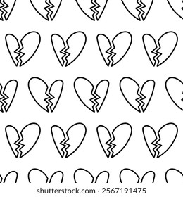 Seamless pattern. Broken heart. Vector outline design.  Illustration. White background.